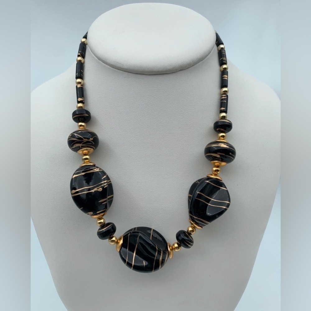 Vintage Jet Black Lucite Gold Color Drizzle Beaded Necklace Chunky Retro Jewelry